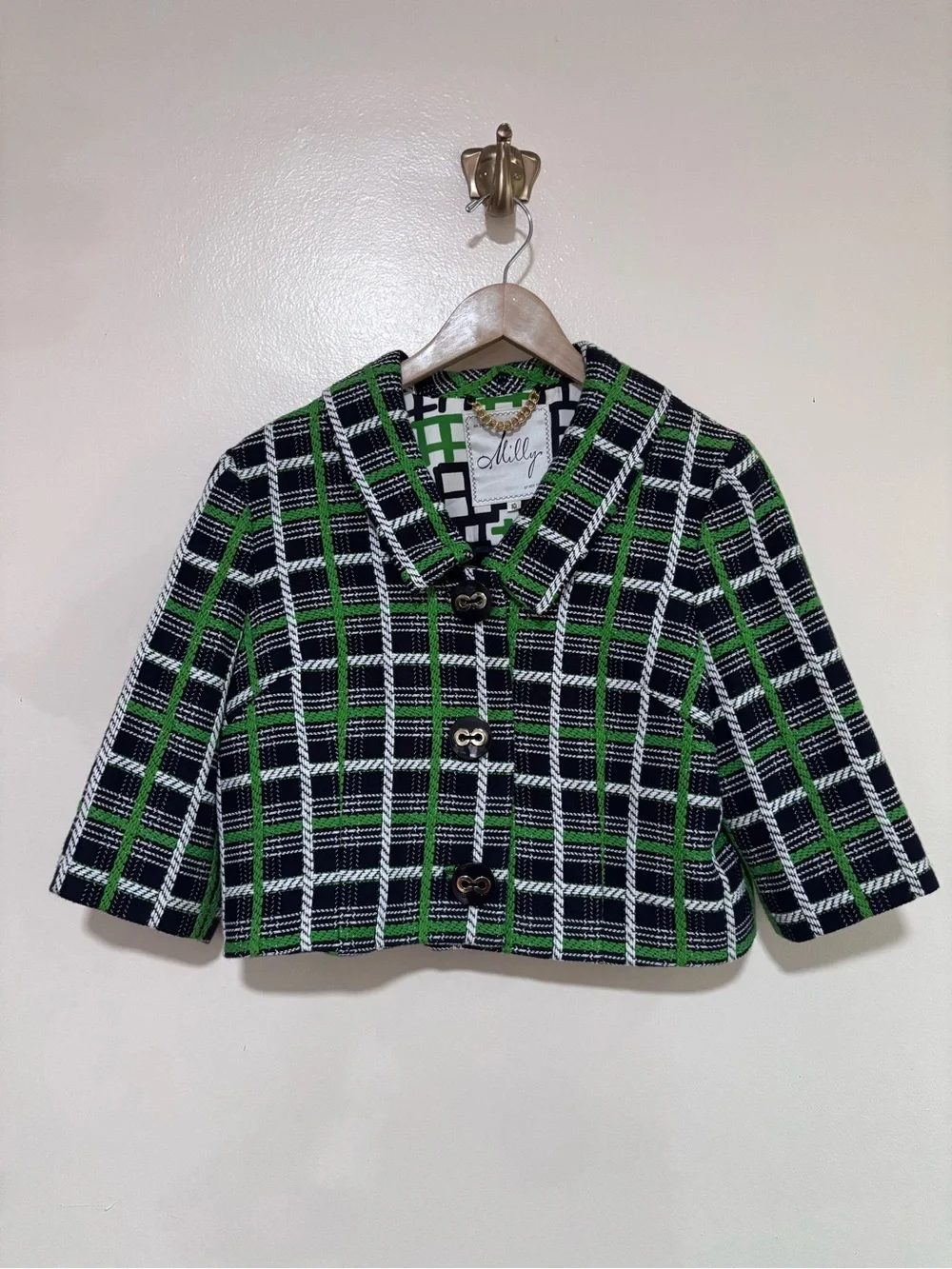 Milly of NY Vintage 100% Cotton Women’s Green Plaid Cropped Blazer Jacket sz 10